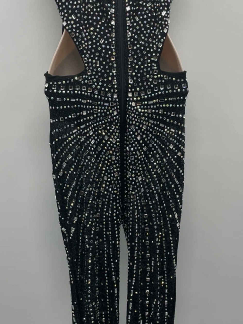 Black Rhinestone Cutout Jumpsuit XXL Glam Sparkle Bodycon One Piece - Picture 3 of 10